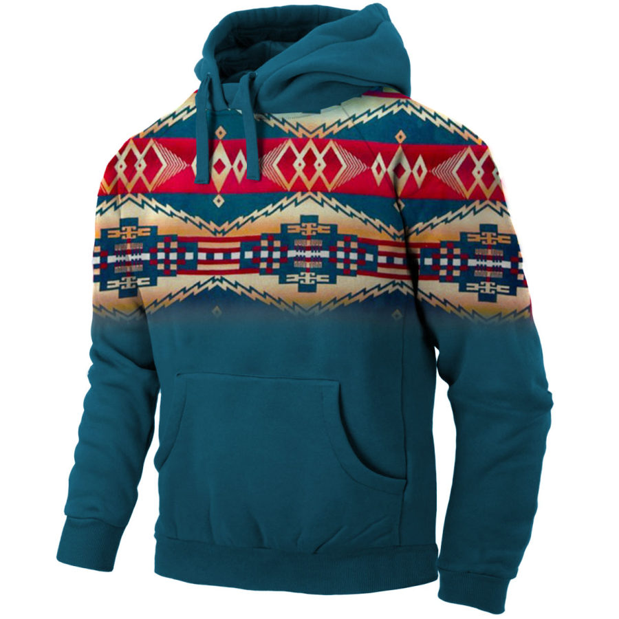 

Men's Vintage Ethnic Print Pocket Hoodie