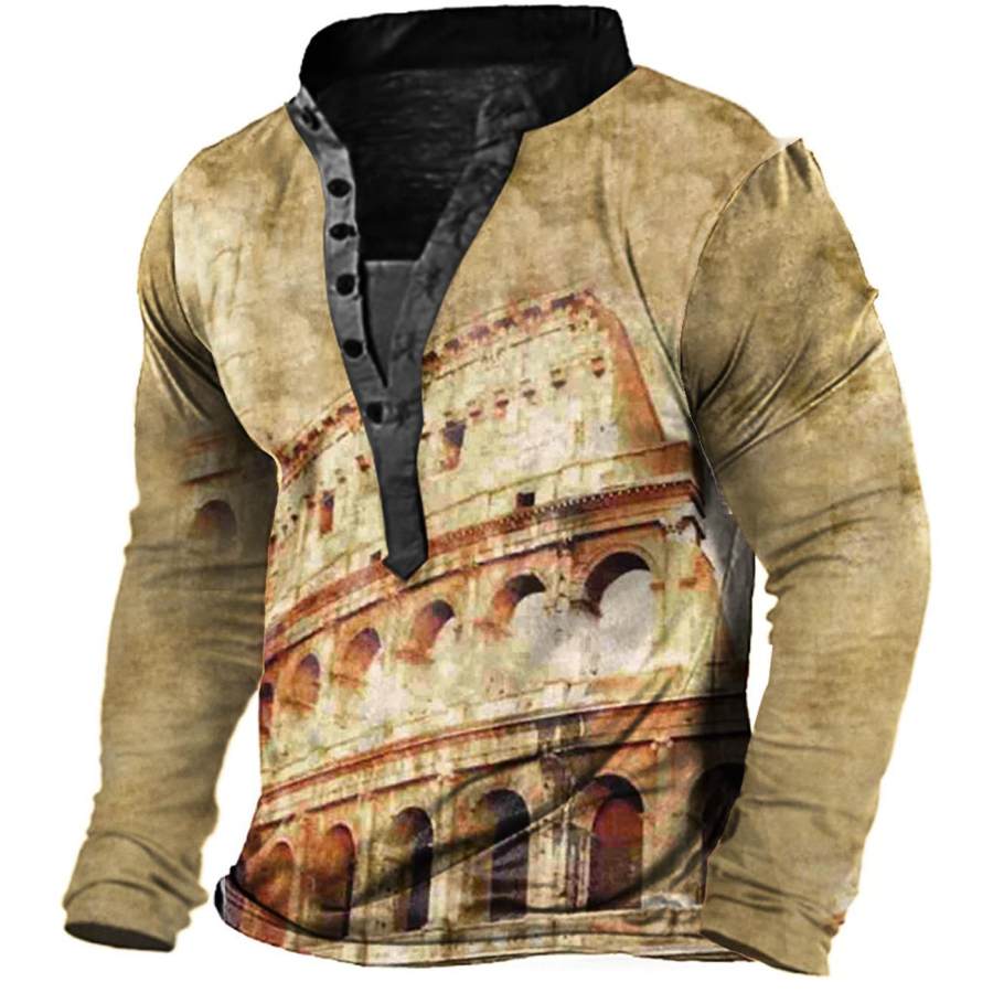 

Men's Vintage Italy Rome Colosseum Print Henley Long Sleeve T-Shirt