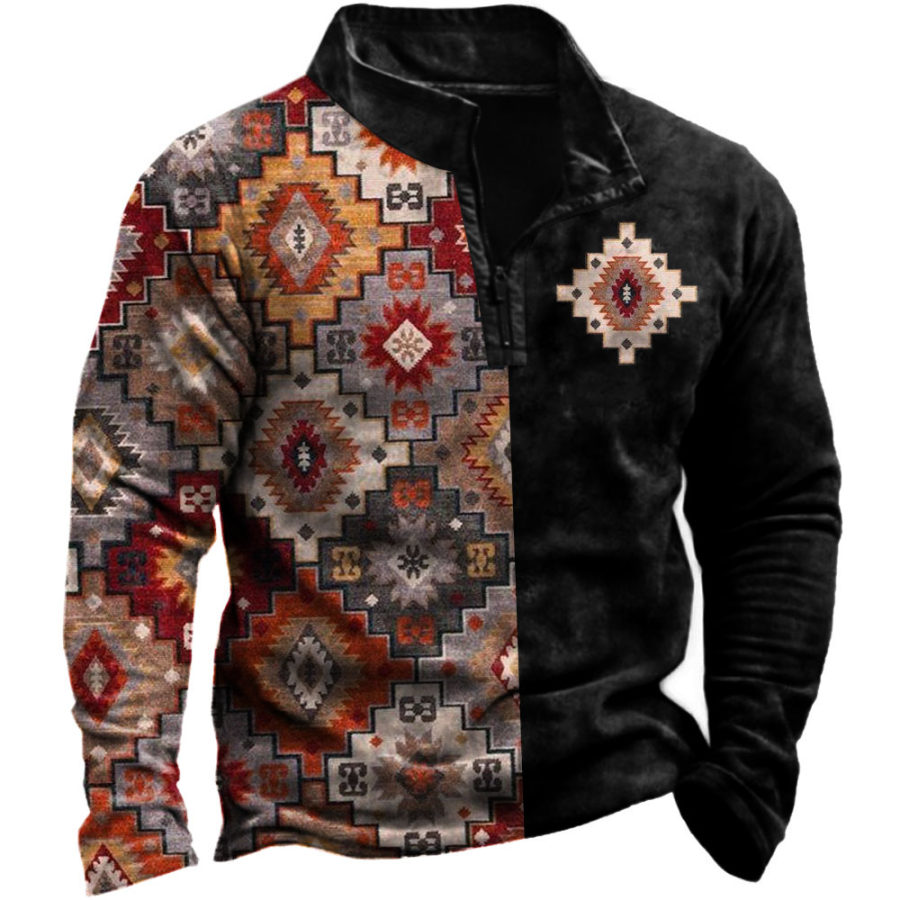 

Men's Vintage Ethnic Print Zipper Sweatshirt
