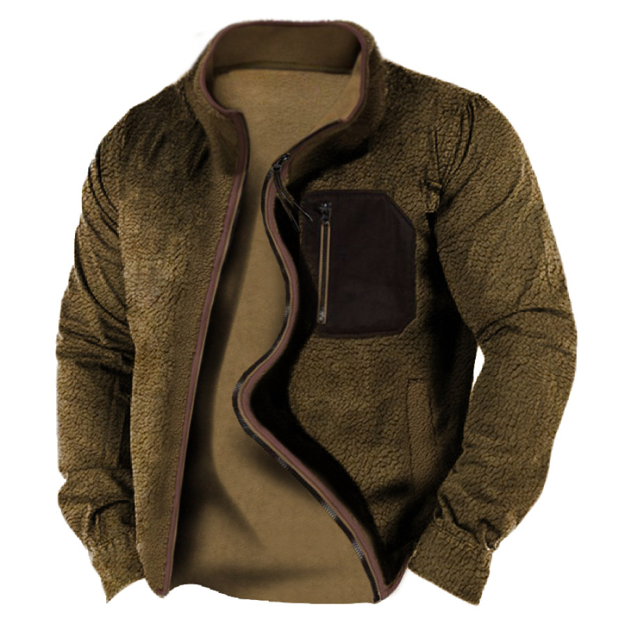 

Men's Vintage Thick Lamb Wool Stand Collar Pocket Tactical Jacket