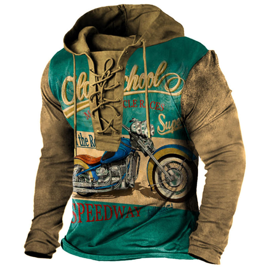 

Men's Vintage Outdoor Motorcycle Print Lace-Up Hooded T-Shirt