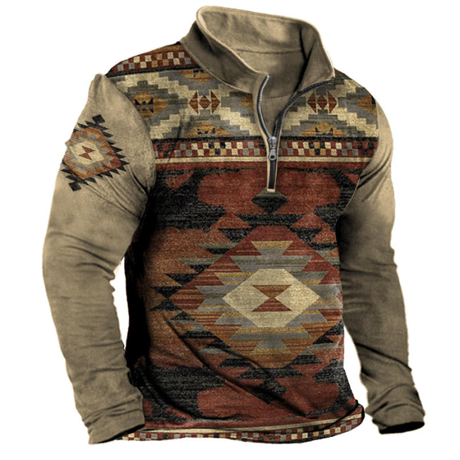 

Men's Vintage Ethnic Print Half-Zip T-Shirt