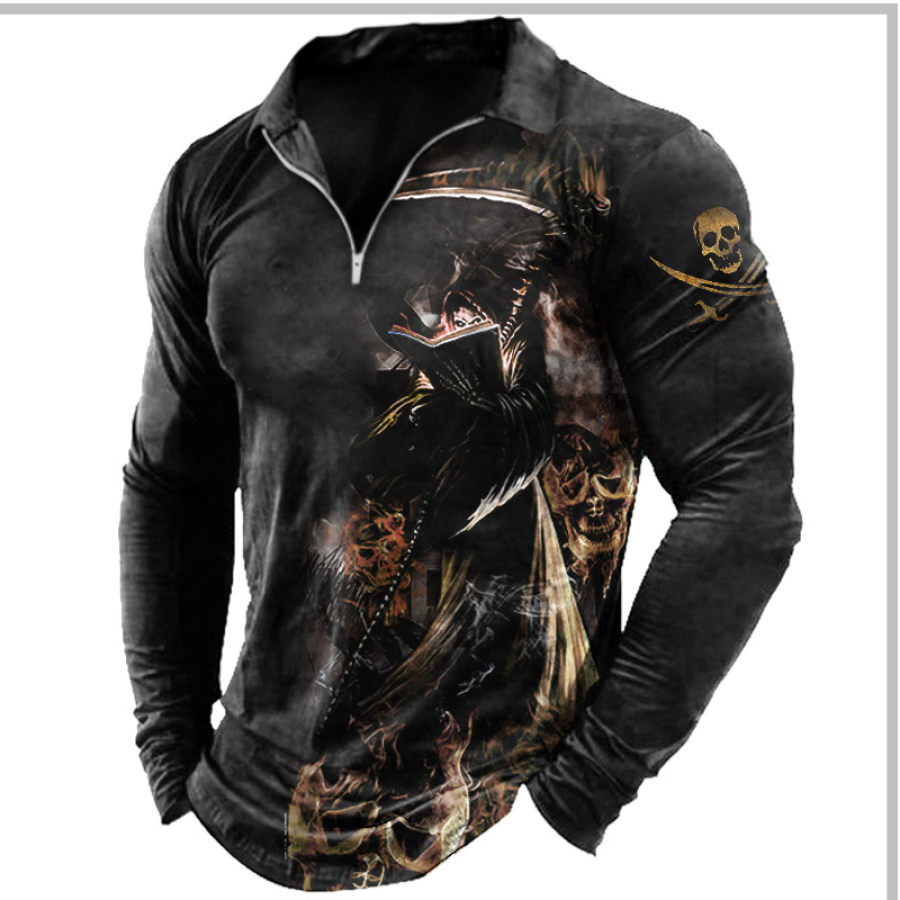 

Men's Vintage Grim Reaper Skull Print Half Zip T-Shirt