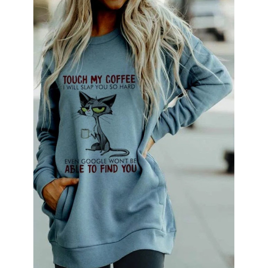 

Casual Cat Print Crew Neck Long Sleeve Pocket Sweatshirt