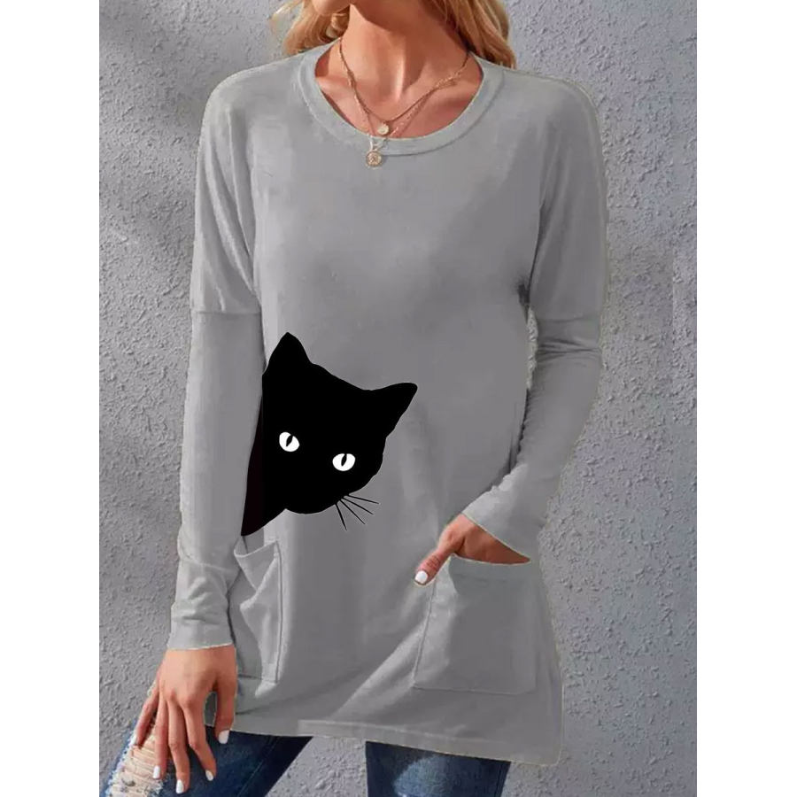 

Round Neck Casual Loose Cat Print Long Sleeve T-shirt