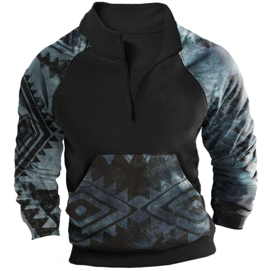 

Men's Thermal Ethnic Geometric Zip Half TurtleneckGraphic Print Hoodie