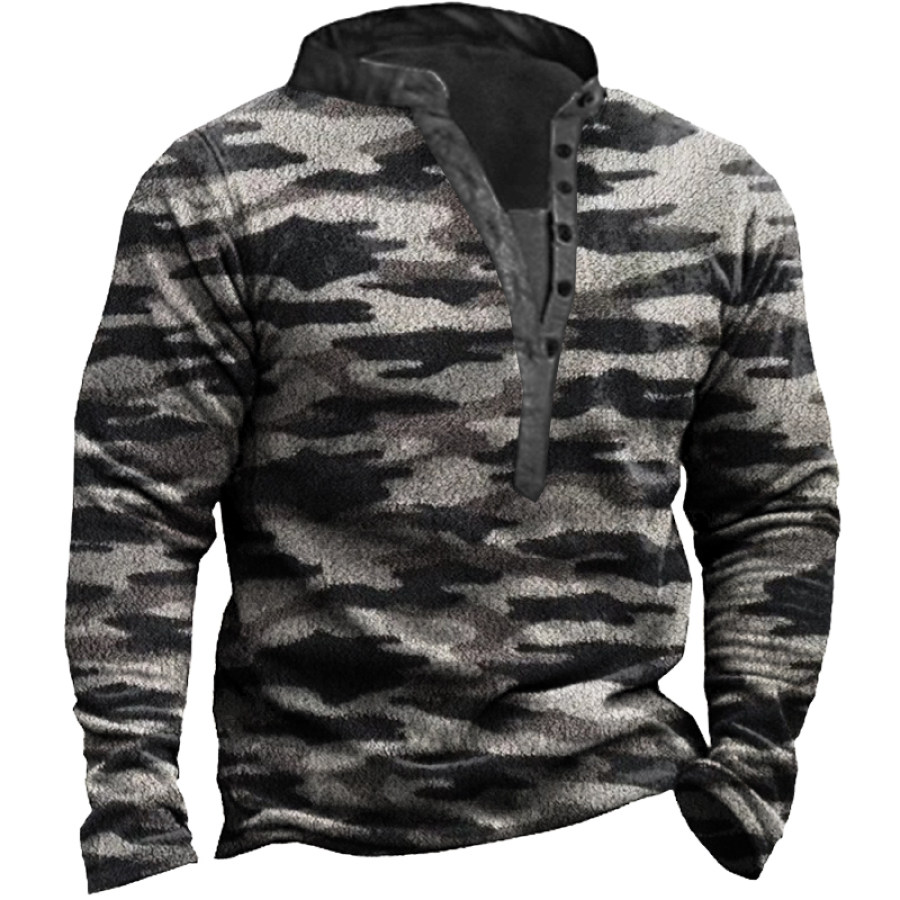 

Men's Fleece Thermal Military Camouflage Half Turtleneck Henley Collar Sweatshirt
