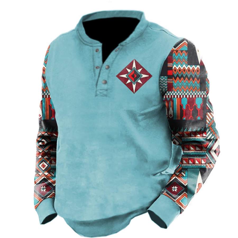 

Men's Vintage Ethnic Print Henley Sweatshirt