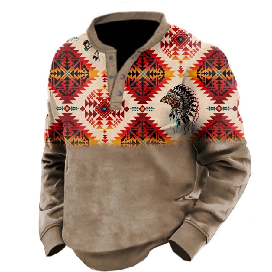 

Men's Vintage Ethnic Print Henley Sweatshirt