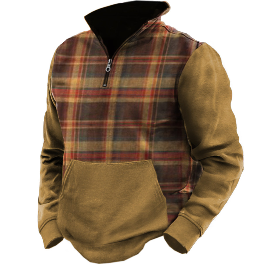 

Men's Vintage Plaid Colorblock Print Stand Collar Pocket Sweatshirt