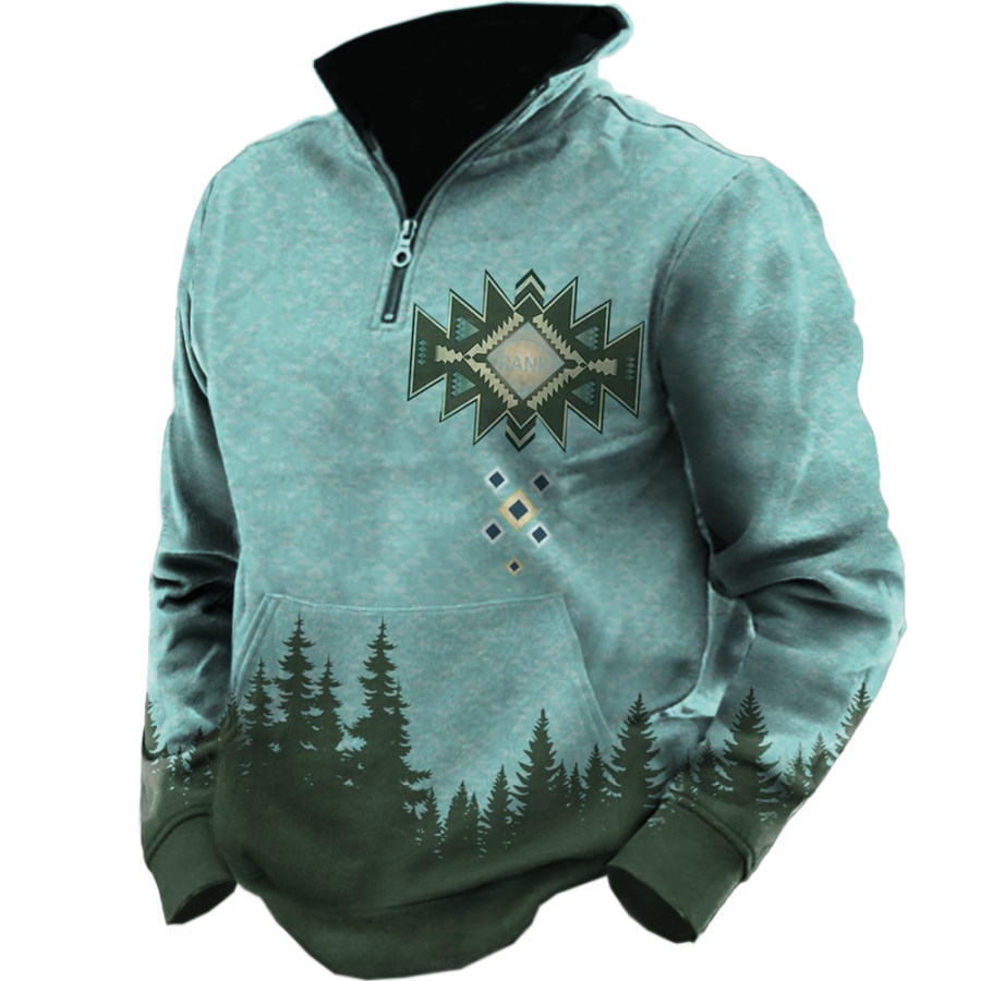 

Men's Outdoor Ethnic Forest Print Zip Collar Pocket Sweatshirt