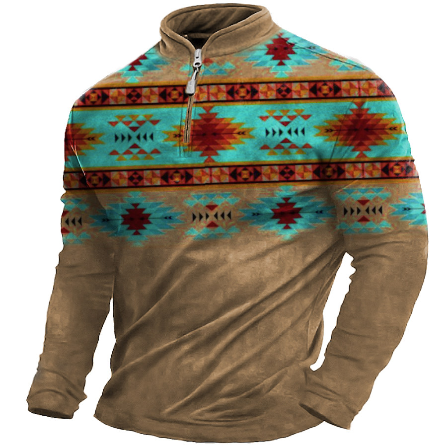 

Men's Outdoor Ethnic Print Zip Up Collar Fleece Sweatshirt