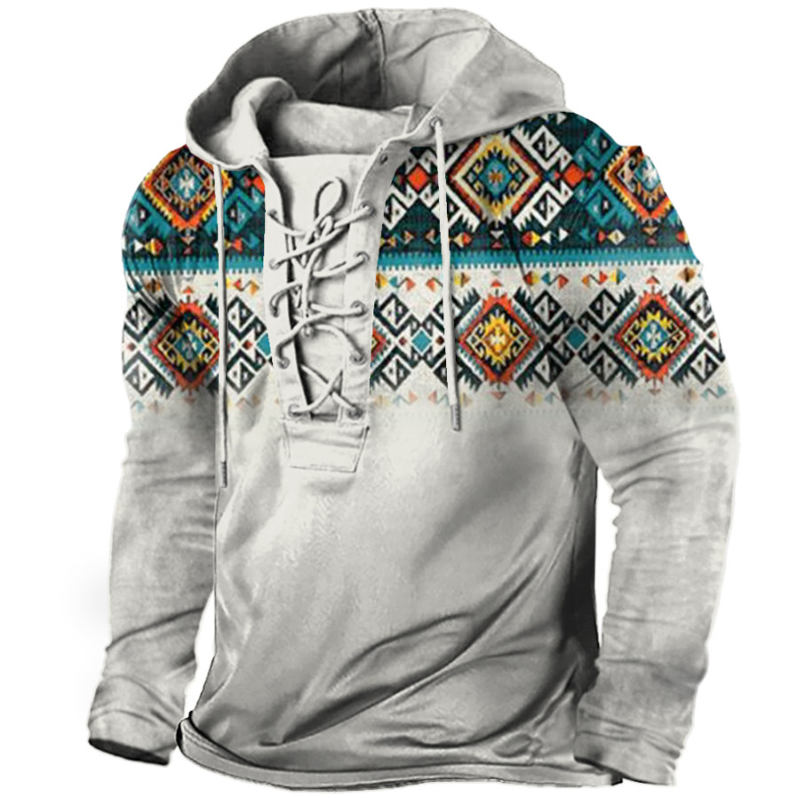 

Men's Vintage Ethnic Print Lace-Up Hooded Long Sleeve T-Shirt