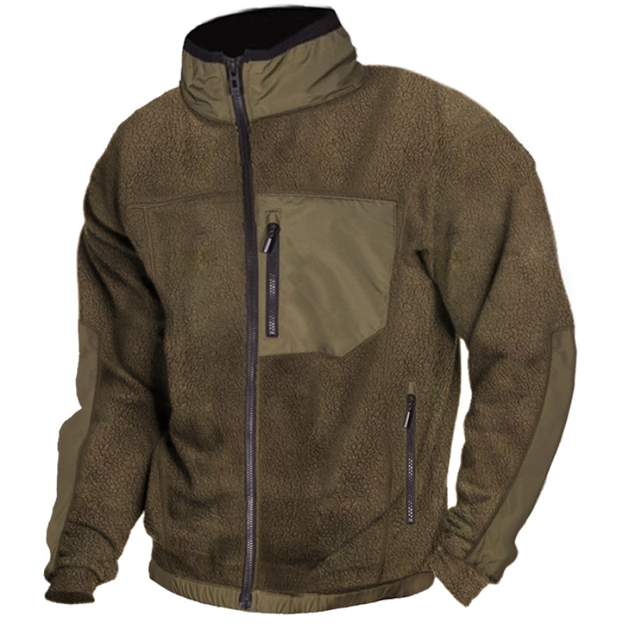 

Men's Vintage Thick Lamb Wool Stand Collar Pocket Tactical Jacket