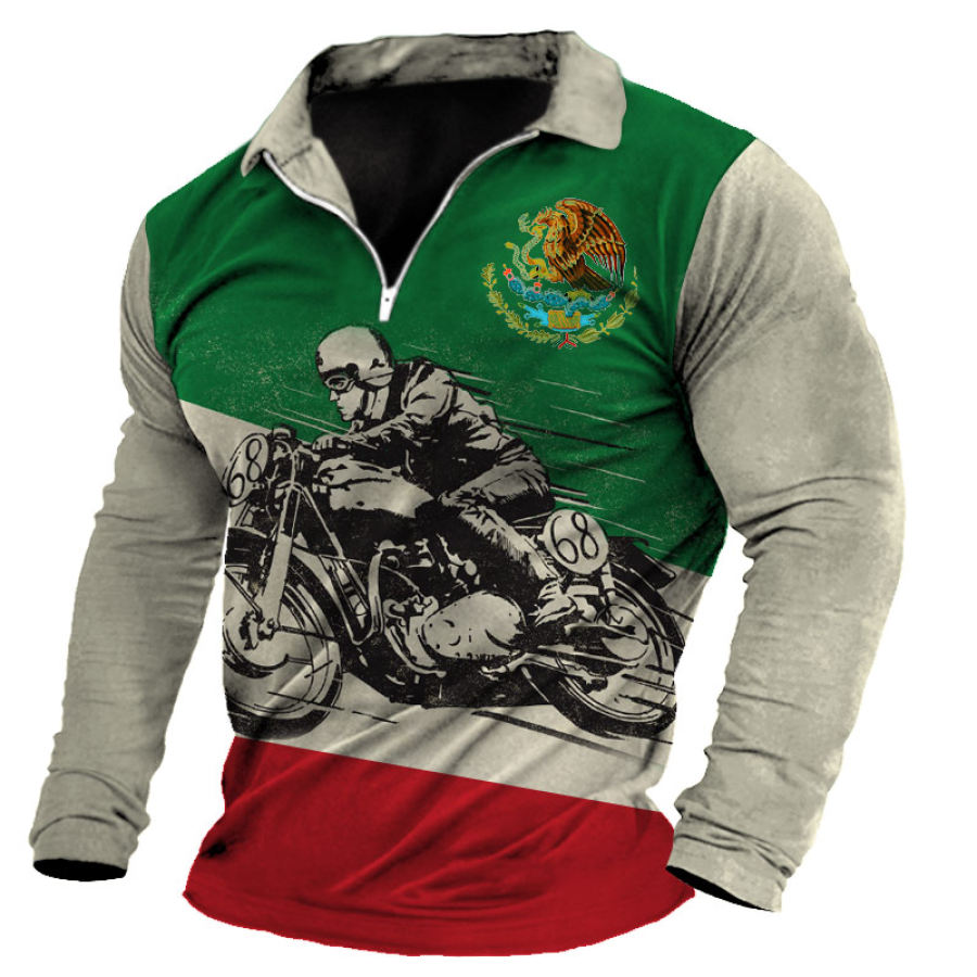 

Men's Vintage Mexican Flag Motorcycle Print Half Zip T-Shirt