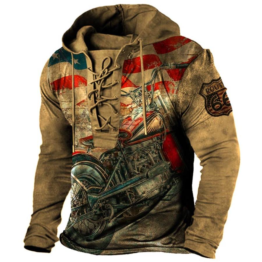 

Men's Vintage American Flag Route 66 Motorcycle Print Lace-Up Hooded T-Shirt