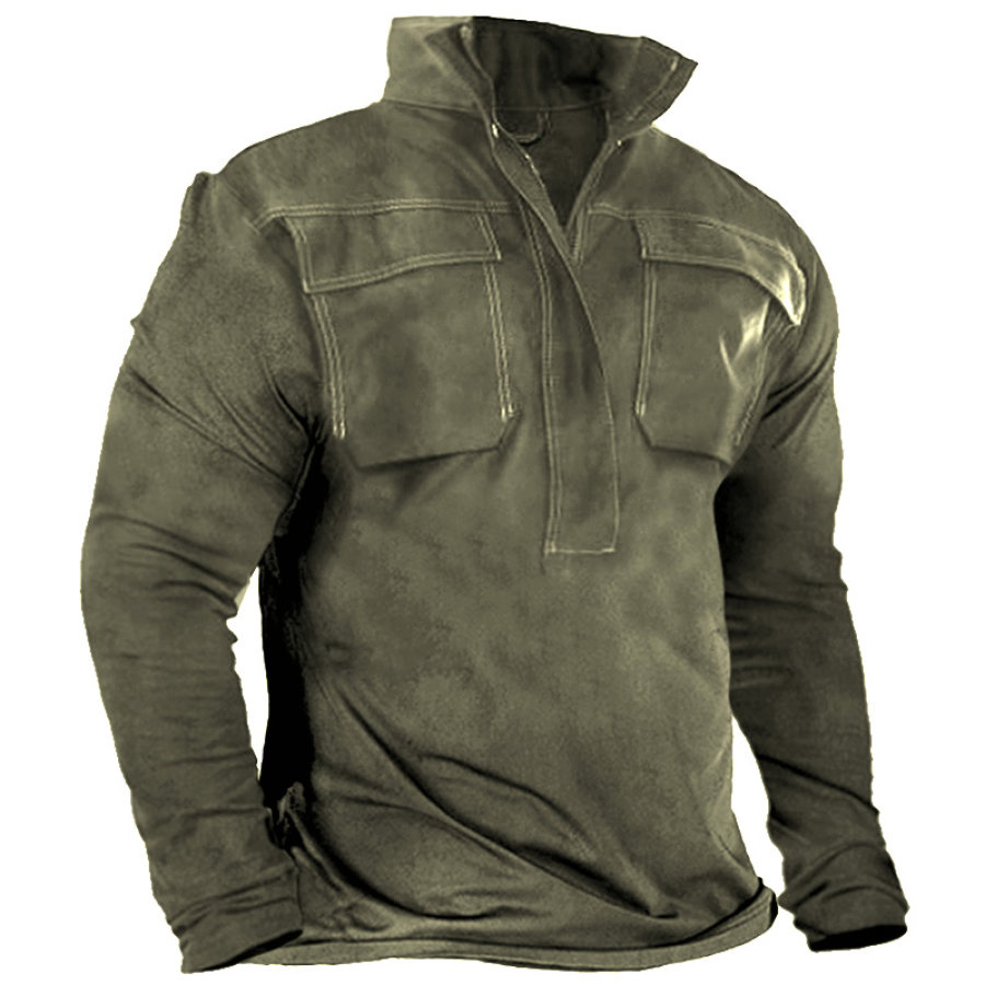 

Men's Vintage Cargo Pocket Tactical Half Open Collar T-Shirt