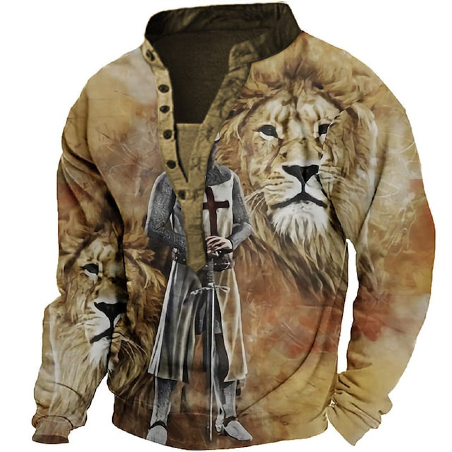 

Men's Vintage Templar Lion Print Henley Sweatshirt