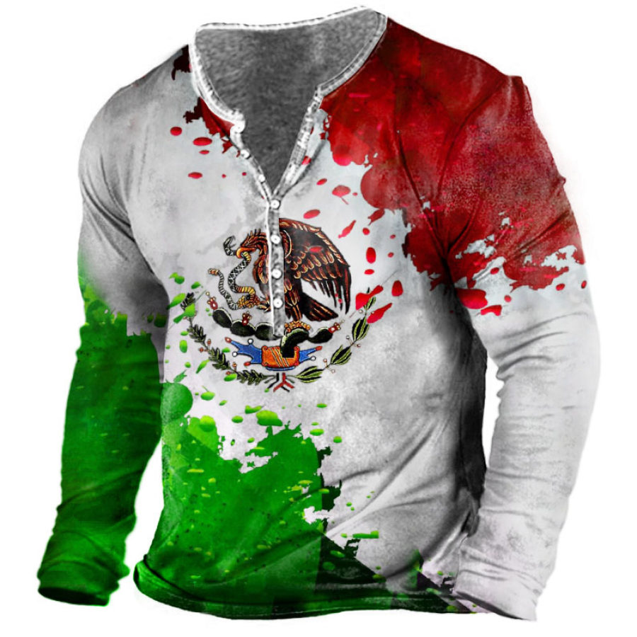 

Men's Outdoor Mexico Flag Print Henley T-Shirt