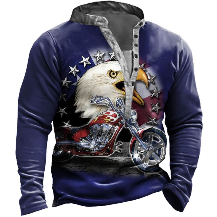 

Men's Vintage Motorcycle Eagle Print Henley Sweatshirt