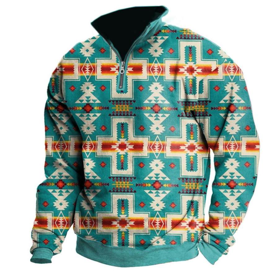 

Men's Vintage Ethnic Print Zipper Sweatshirt