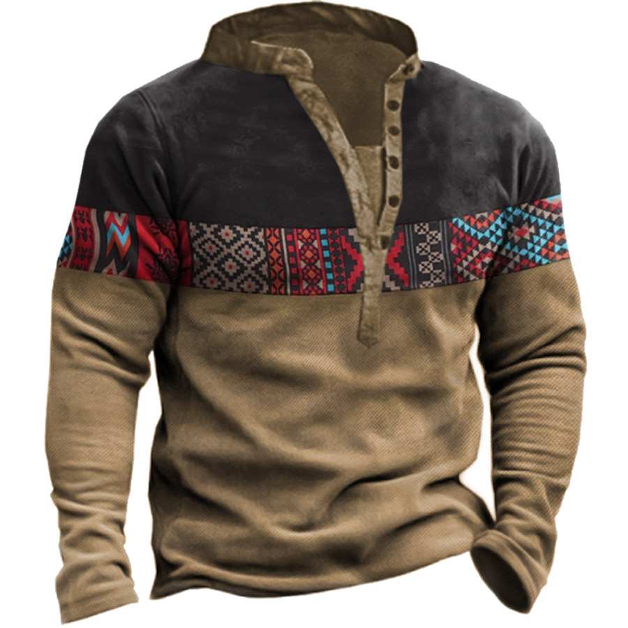 

Men's Vintage Western Print Henley Collar Sweatshirt