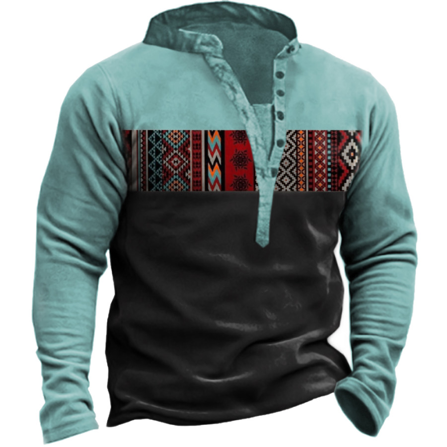 

Men's Vintage Western Print Henley Collar Sweatshirt