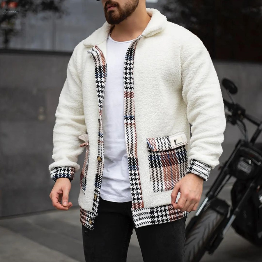 

Men's Fashion Houndstooth Colorblock Fleece Cardigan Jacket