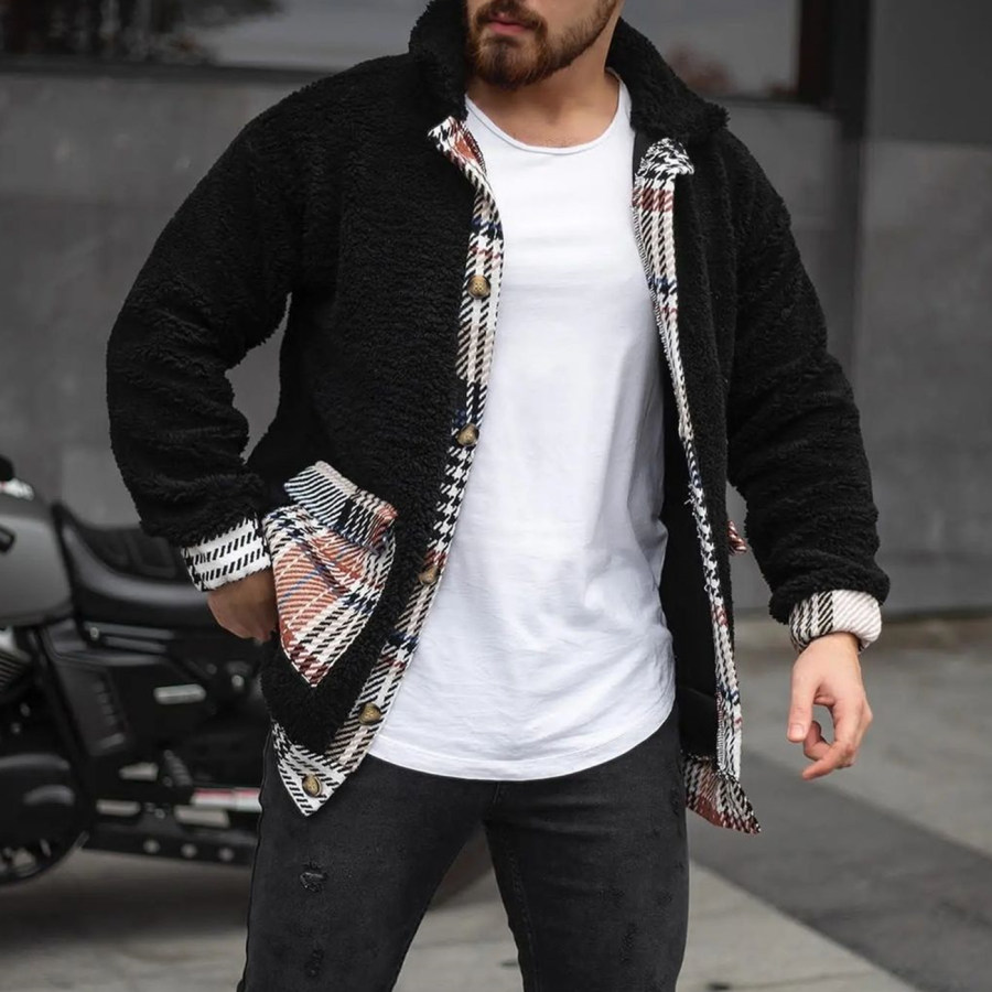 

Men's Fashion Houndstooth Colorblock Fleece Cardigan Jacket