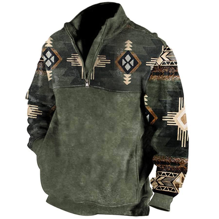 

Men's Vintage Ethnic Geometric Print Zip Sweatshirt