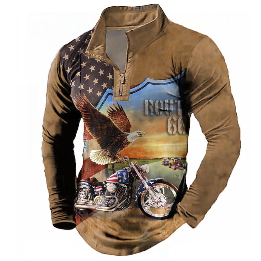 

Men's Outdoor Motorcycle Eagle Route 66 Zip Long Sleeve T-Shirt