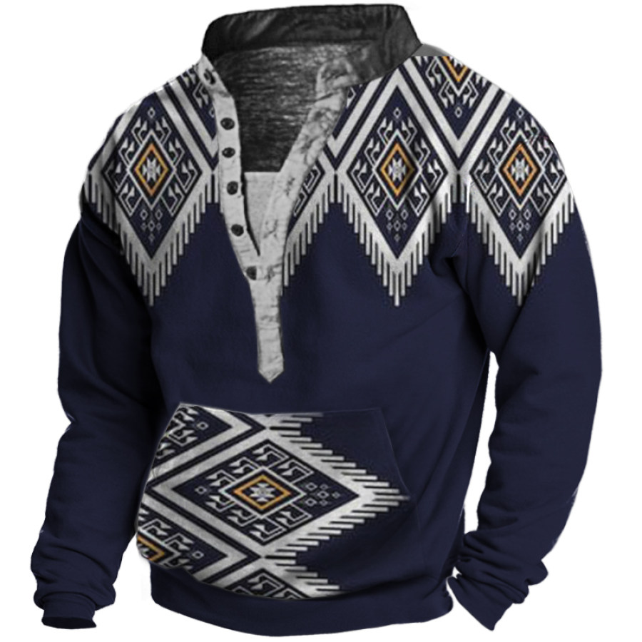 

Men's Vintage Ethnic Print Henley Collar Pocket Sweatshirt