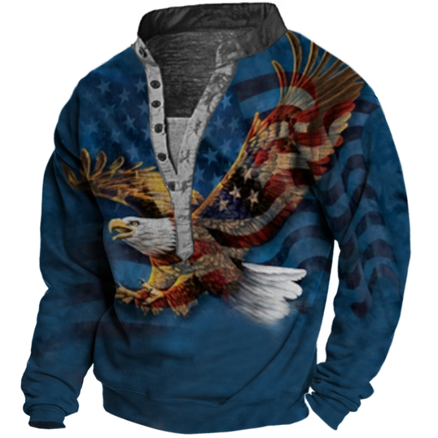 

Men's Vintage American Flag Eagle Print Henley Collar Sweatshirt