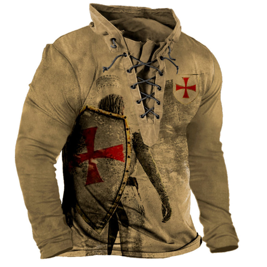 

Men's Vintage Templar Print Lace-Up Hoodie T-Shirt