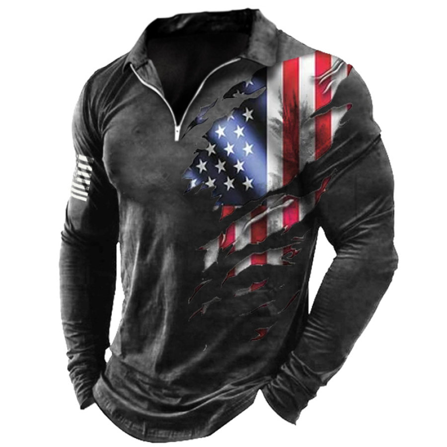 

Men's Vintage American Flag Scratch Print Half Zip T-Shirt