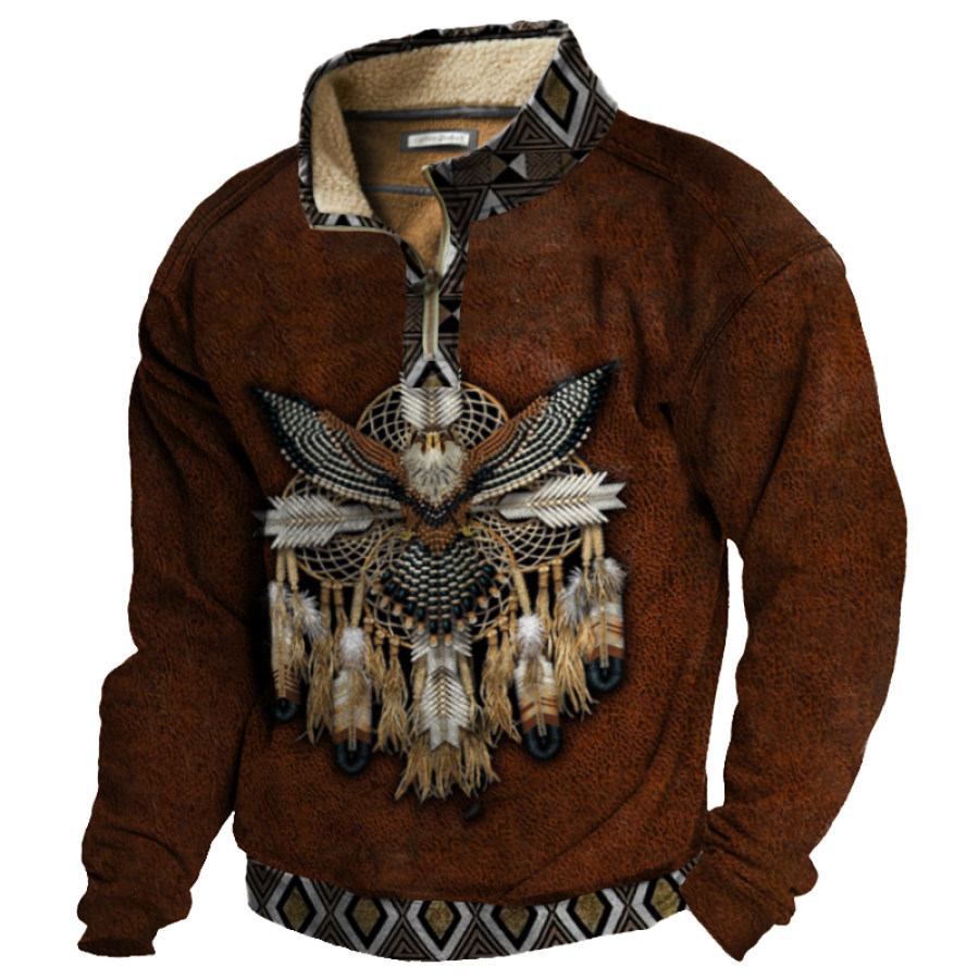 

Men's Vintage Native Print Zip Up Collar Pocket Sweatshirt