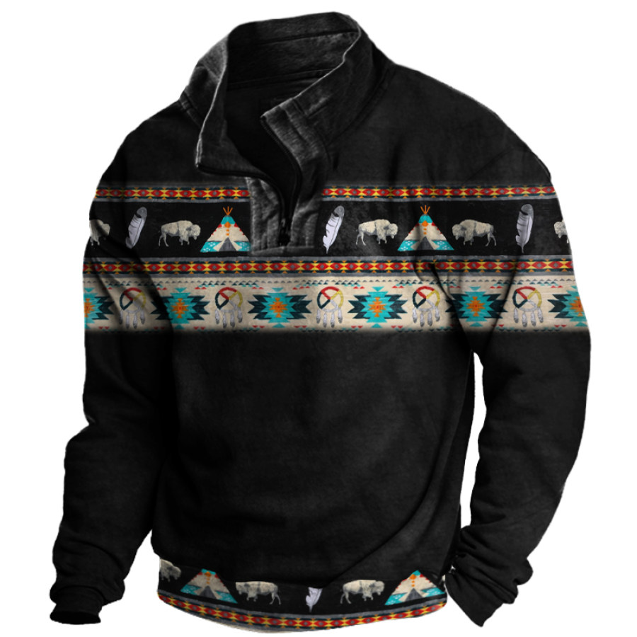 

Men's Vintage Ethnic Print Zip Up Collar Sweatshirt