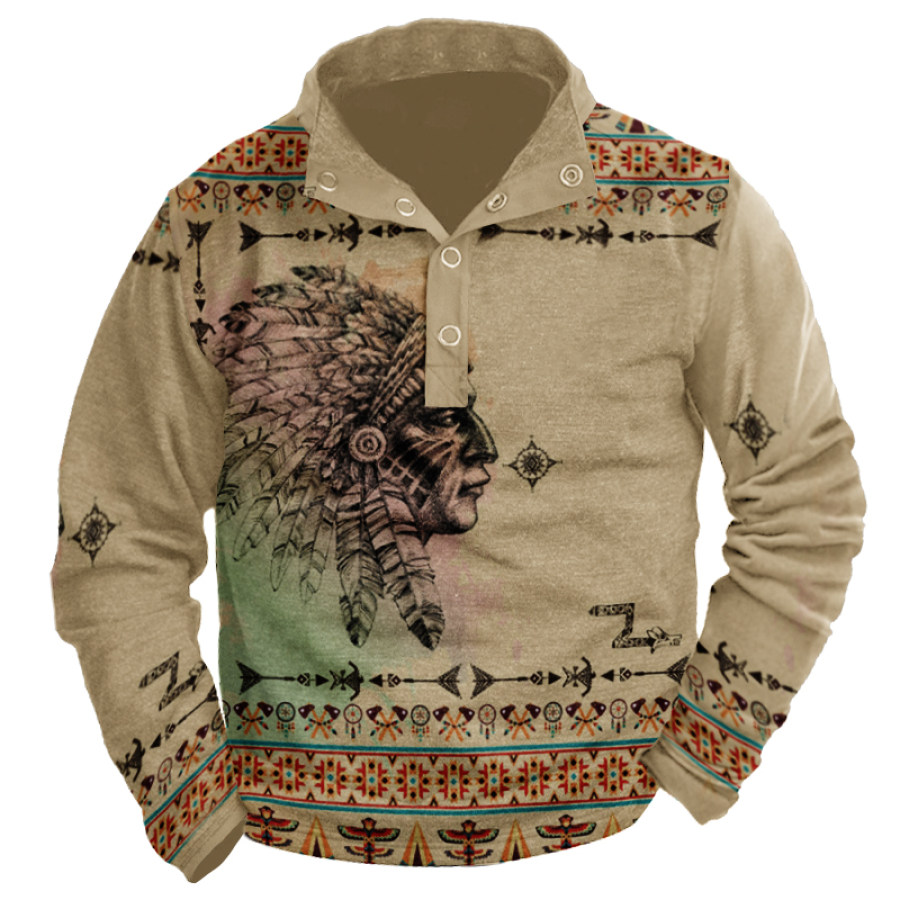 

Men's Vintage American Indian Avatar Print Zip Up Collar Pocket Sweatshirt