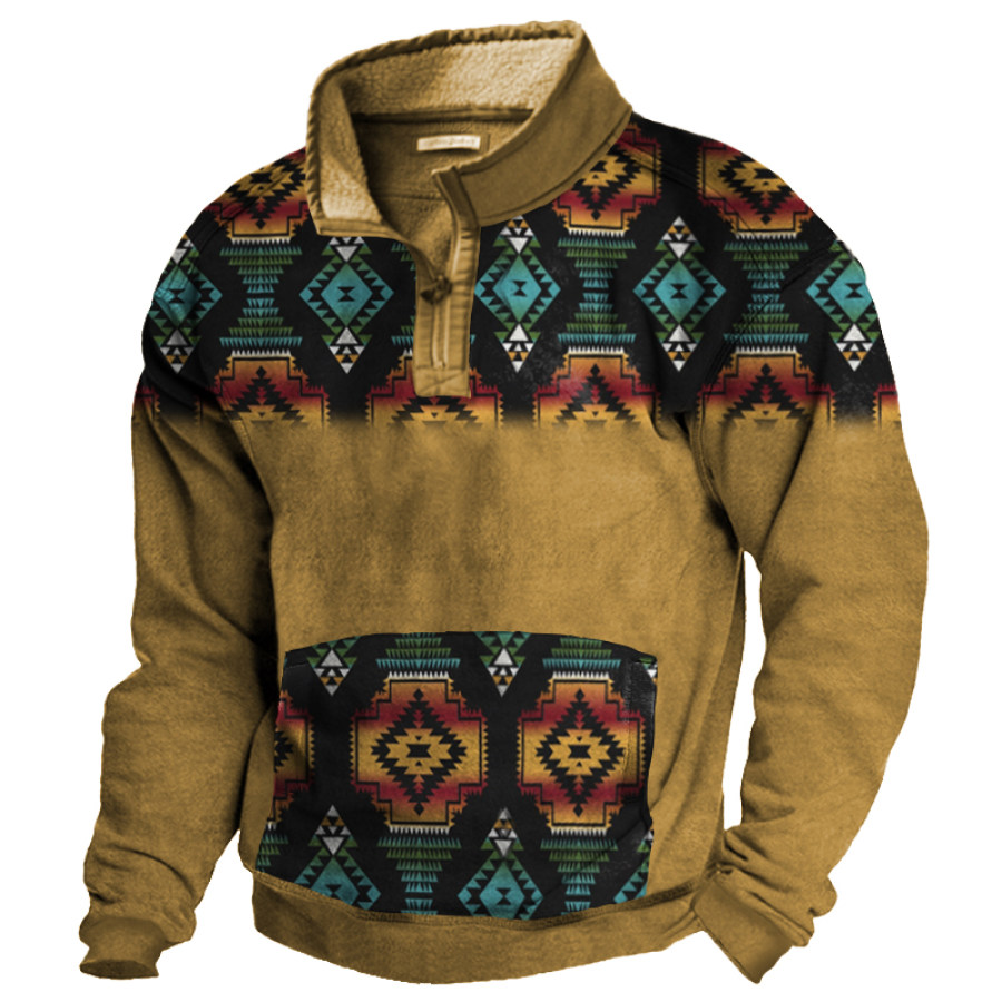 

Men's Vintage Ethnic Print Zip Up Collar Pocket Sweatshirt