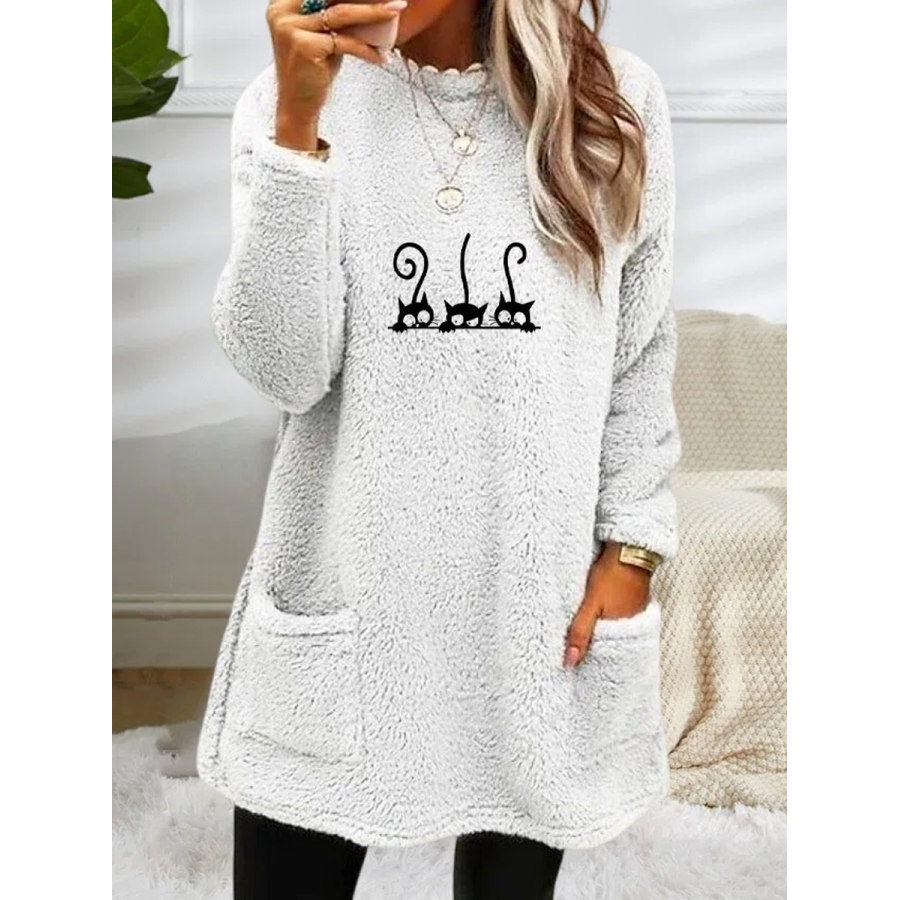 

Round Neck Casual Loose Cat Print Lamb Fleece Sweatshirt