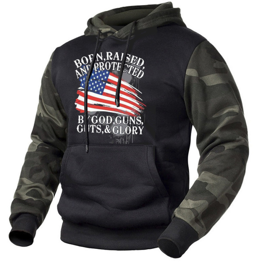 

Born Raised And Protected By God Guns&Glory Men's Veteran Military Camouflage Panel Hoodie