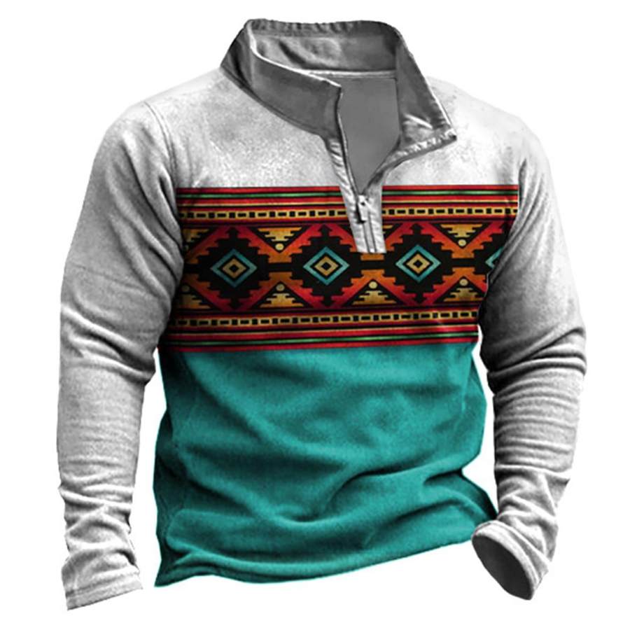 

Men's Vintage Ethnic Print Zipper Sweatshirt