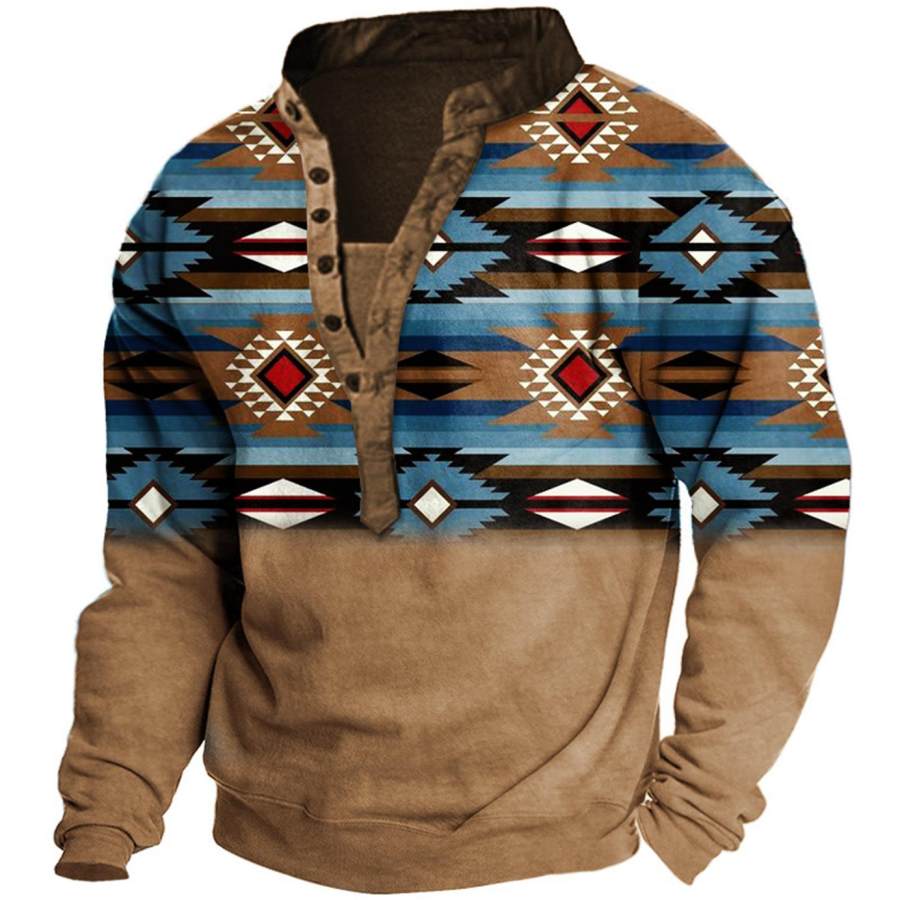 

Men's Vintage Ethnic Geometric Print Henley Sweatshirt