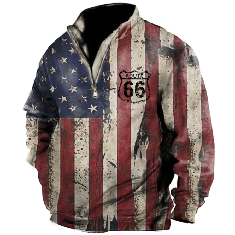 

Men's Vintage American Flag Route 66 Print Stand Collar Pocket Sweatshirt