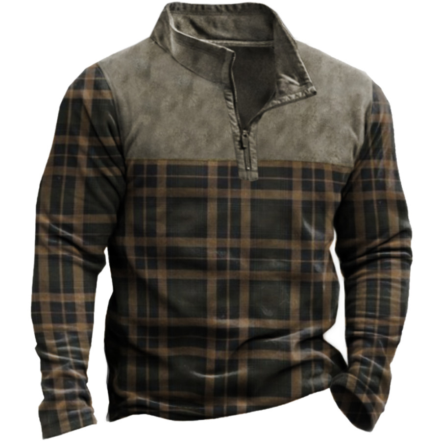

Men's Vintage Plaid Print Panel Zip Stand Collar Sweatshirt