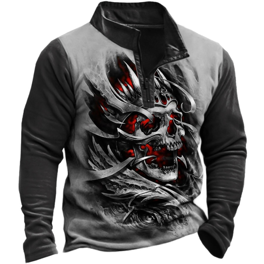 

Men's Vintage Skull Print Zip Up Collar Sweatshirt
