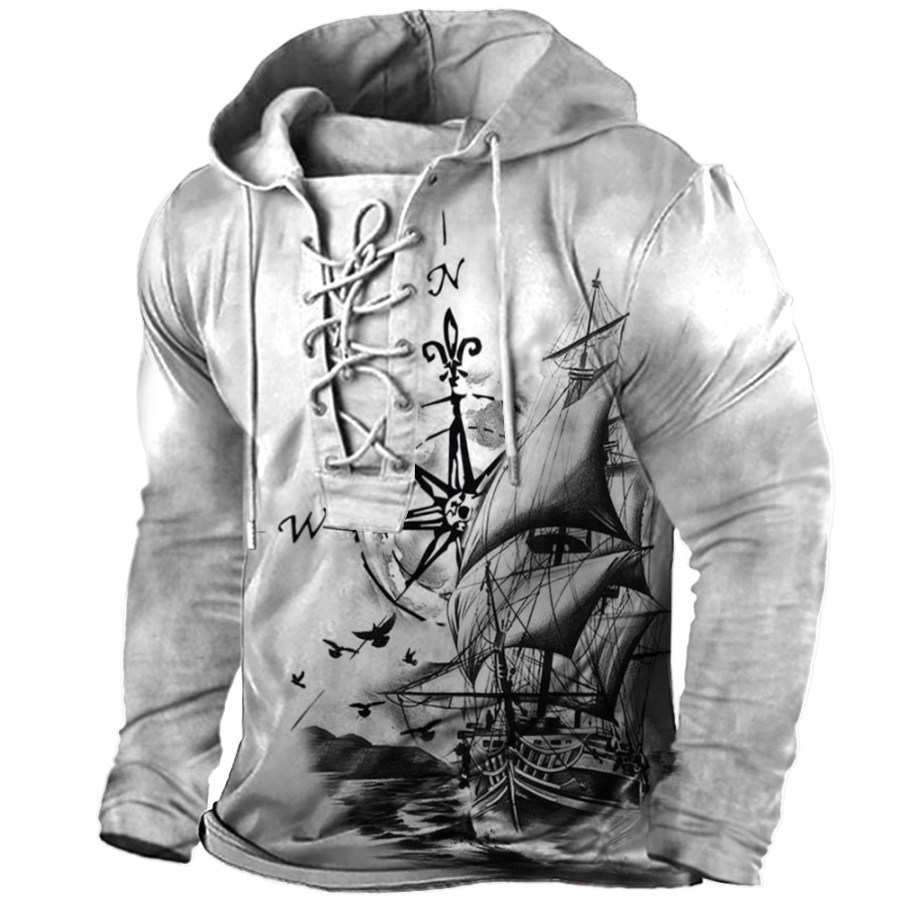 

Men's Outdoor Vintage Compass Sailboat Print Tie Hooded Long Sleeve T-Shirt