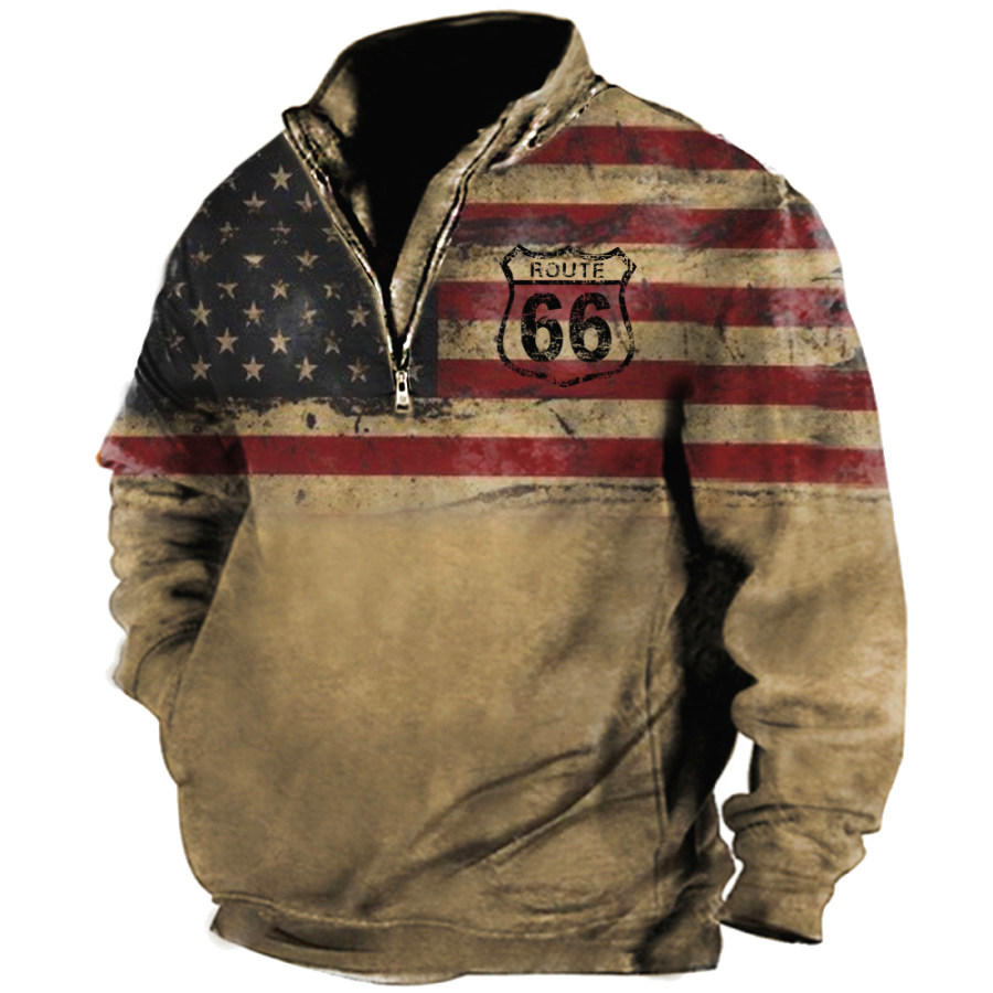 

Men's Vintage American Flag Route 66 Print Stand Collar Pocket Sweatshirt