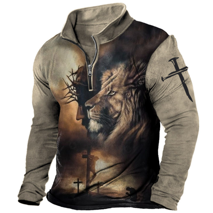 

Men's Outdoor Vintage Jesus Lion Print Half Zip T-Shirt