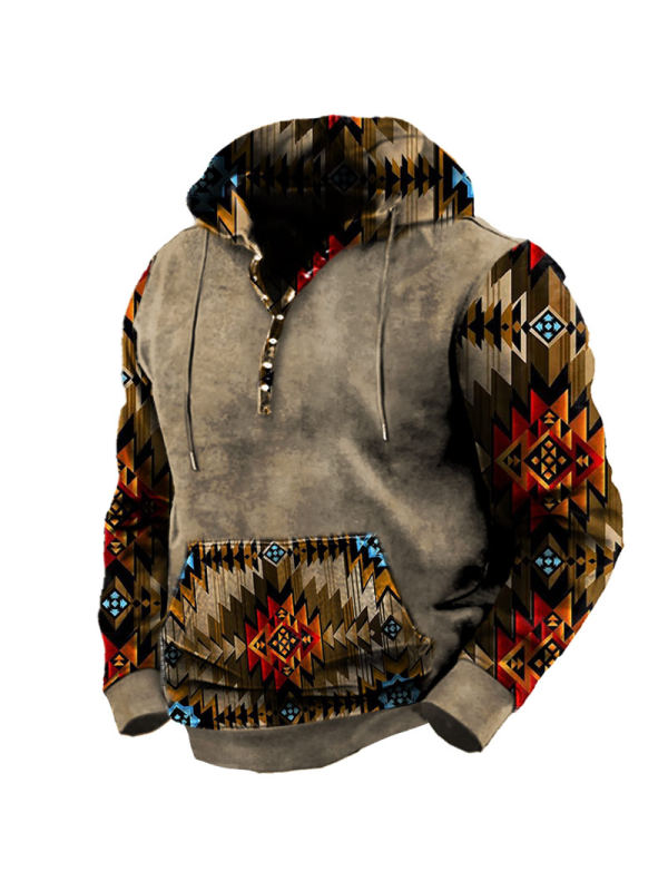 Men's Vintage Outdoor Ethnic Print Pocket Tactical Hoodie